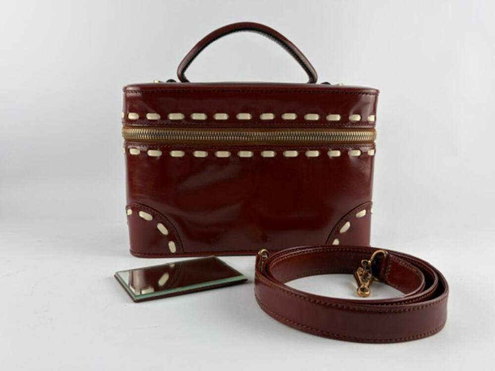 Valextra Burgundy Polished Calfskin Vanity Case Box Bag with Mirror & Strap